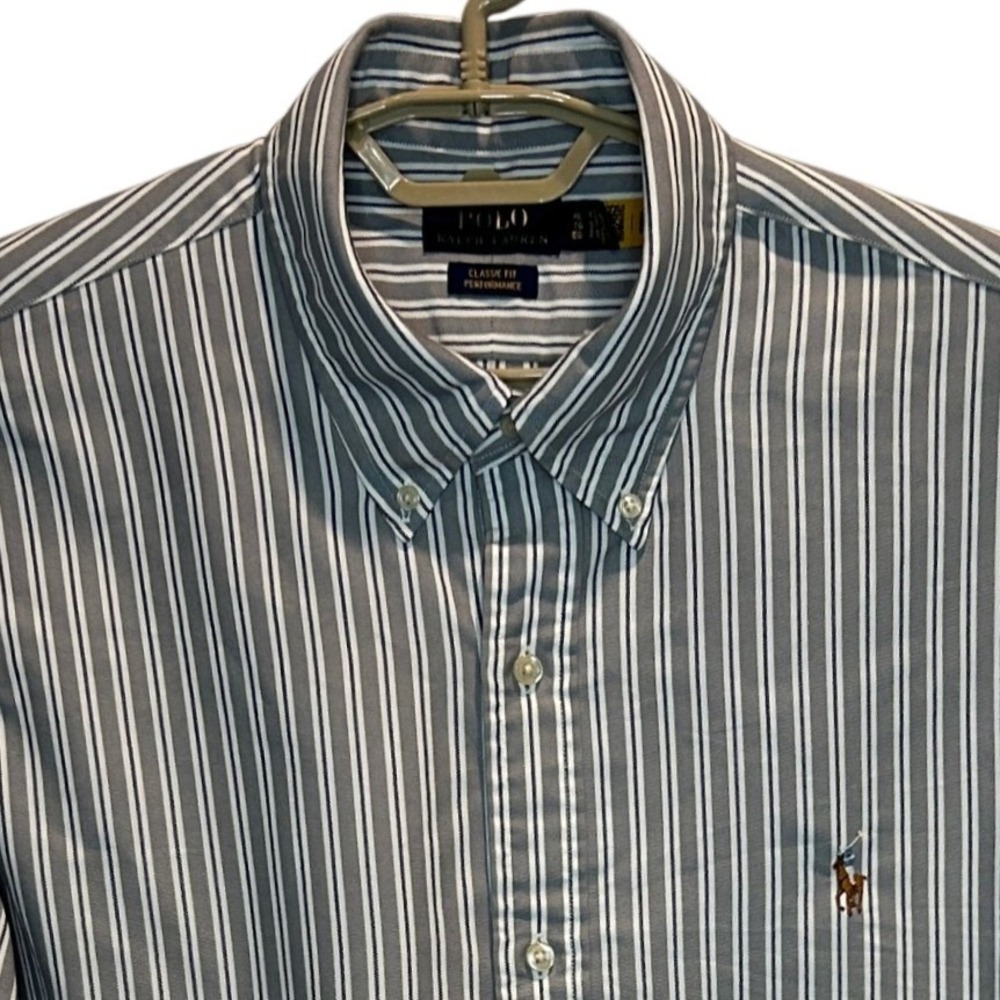 Polo Ralph Lauren Button Down Shirt XL Mens Grey Striped Performance Classic Fit